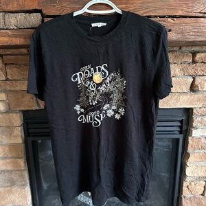 Black Graphic T-Shirt with White and Yellow Design